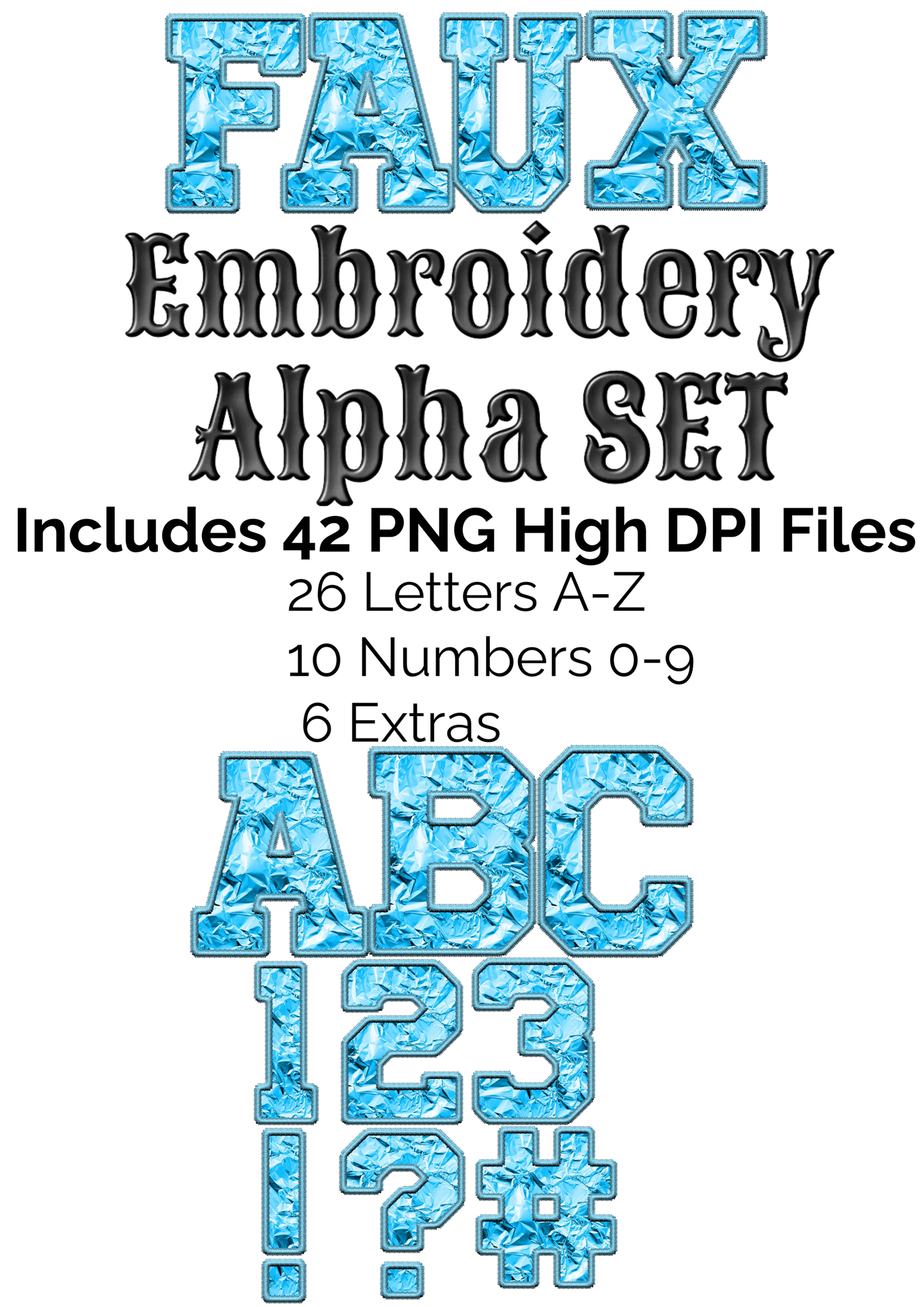 Baby Blue Foil Faux Embroidery Alpha Set