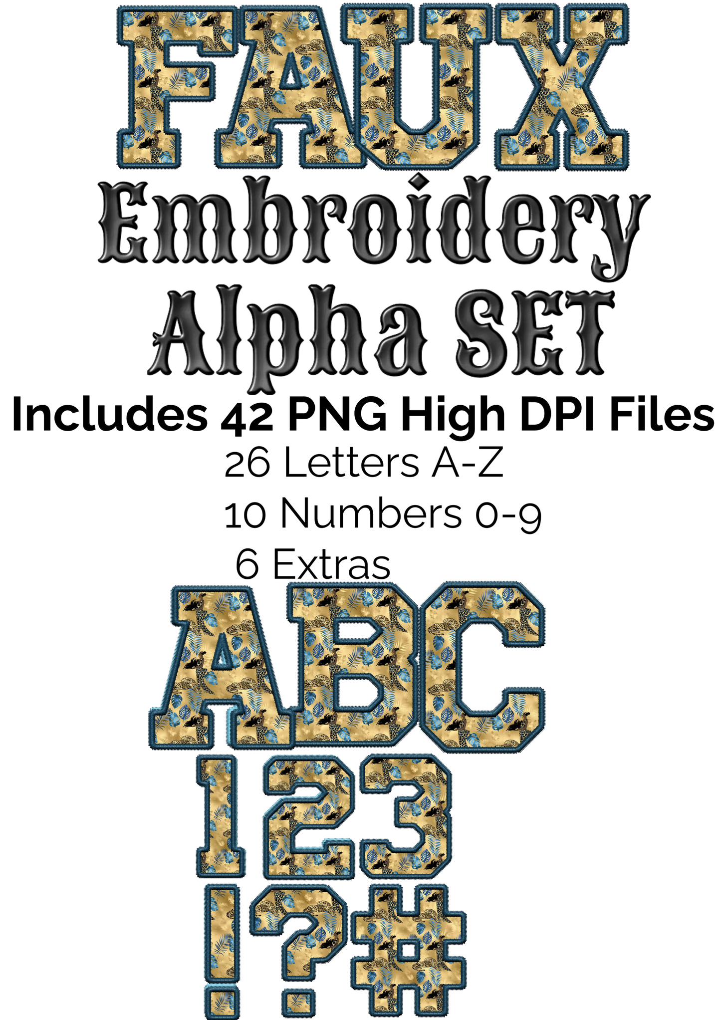 Blue and Gold Leopard Blue Thread Faux Embroidery Alpha Set