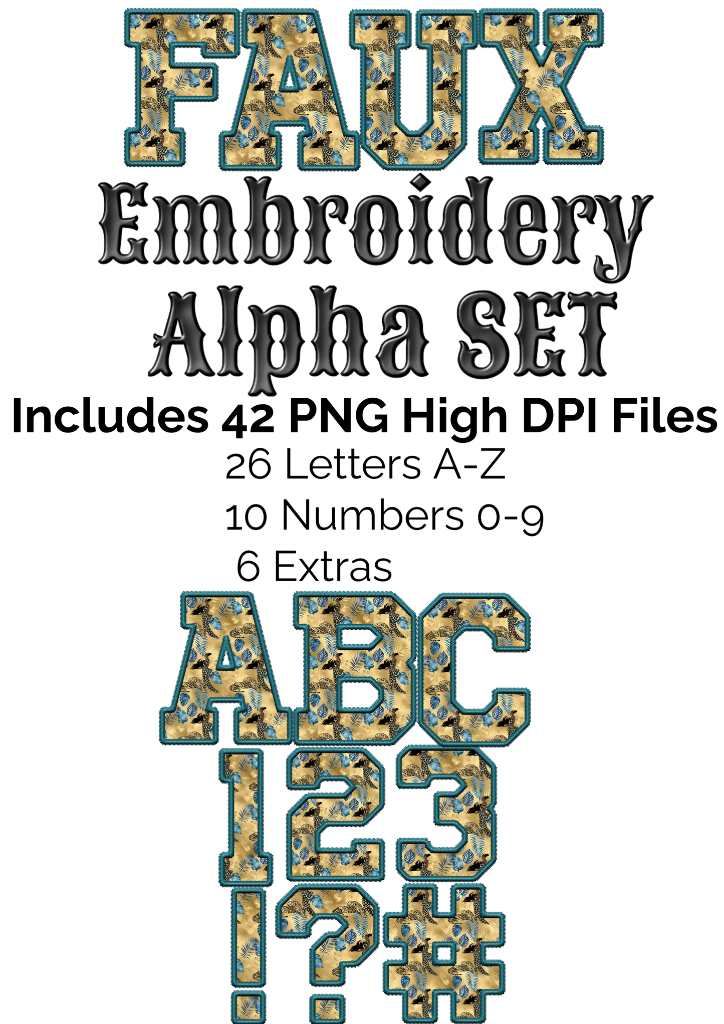 Blue and Gold Leopard Teal Thread Faux Embroidery Alpha Set